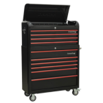 Sealey AP41COMBOBR Retro Style Extra-Wide Topchest &; Rollcab Combination 10 Drawer-Black with Red Anodised Drawer Pull